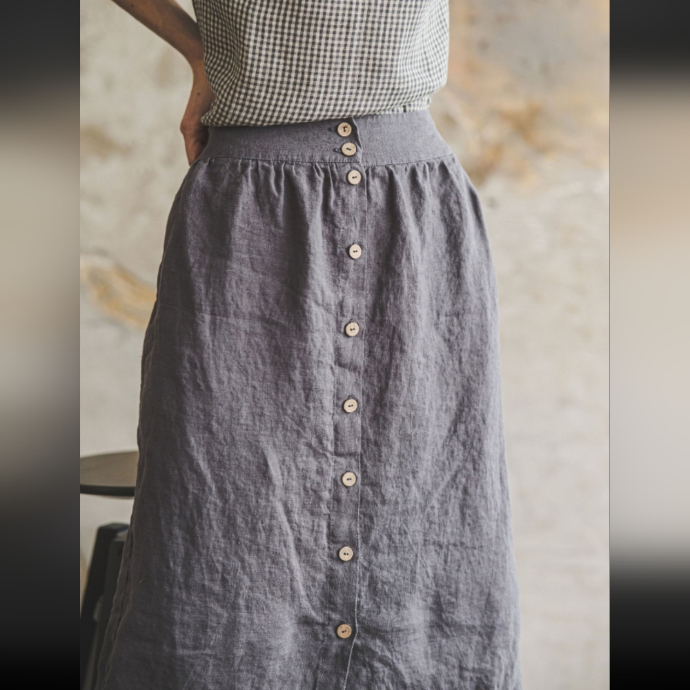 Bluish Gray European Linen Button-Front Women's Skirt
